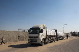 Xe tải chở hàng viện trợ qua cửa khẩu Kerem Shalom vào Dải Gaza. (Ảnh: AFP/TTXVN)