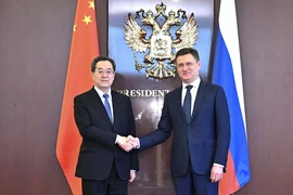 Phó Thủ tướng Trung Quốc Đinh Tiết Tường (trái) và Phó Thủ tướng Nga Alexander Novak đồng chủ trì cuộc họp lần thứ 21 của Ủy ban hợp tác năng lượng Nga-Trung Quốc ở Moskva. (Ảnh: THX/TTXVN)