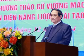 Thủ tướng Phạm Minh Chính chủ trì hội nghị tháo gỡ khó khăn cho các dự án năng lượng tái tạo. (Ảnh: Dương Giang.TTXVN)