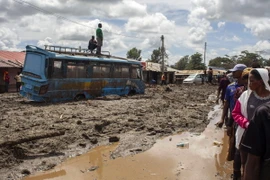 Các phương tiện bị mắc kẹt trong bùn đất sau lũ lụt và lở đất do mưa lớn tại Tanzania. (Ảnh: AFP/TTXVN)