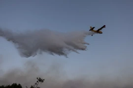Máy bay cứu hỏa tham gia dập các đám cháy rừng tại Pournari, Hy Lạp. (Ảnh: THX/TTXVN)