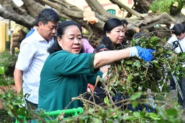 Bí thư Thành ủy Hà Nội Bùi Thị Minh Hoài tham gia vệ sinh môi trường cùng người dân tại phố Trần Hưng Đạo, quận Hoàn Kiếm. (Ảnh: TTXVN phát)