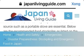 Hướng dẫn trên website Japan Living Guide về loại hàng và định lượng tích trữ cần thiết đề phòng thiên tai, thảm họa. (Ảnh: Nguyễn Tuyến/TTXVN)