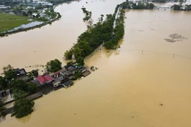 Đường vào thôn Nhân Lý (xã Nam Phương Tiến, huyện Chương Mỹ, Hà Nội) ngập chìm trong nước. Ảnh: Hoài Nam-TTXVN