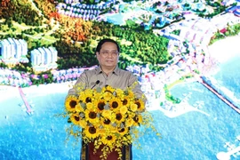 Thủ tướng Phạm Minh Chính phát biểu tại Lễ khởi công Tổ hợp du lịch nghỉ dưỡng và giải trí biển Hòn Thơm. (Ảnh: Dương Giang/TTXVN)