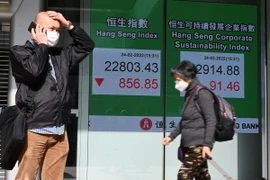 Bảng điện tử niêm yết chỉ số chứng khoán Hang Seng của Hong Kong (Trung Quốc). (Ảnh: AFP/TTXVN)