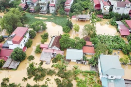 Nước dâng cao làm thiệt hại nhiều tài sản và hoa màu của người dân dọc sông Hồng và trên tuyến đường 32C chạy từ nút giao IC10 Cao tốc Nội Bài-Lào Cai về đầu huyện Hạ Hòa, tỉnh Phú Thọ. (Ảnh: Tạ Toàn/TTXVN)