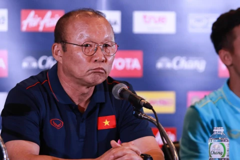 Huấn luyện viên Park Hang-seo tại buổi họp báo trước trận gặp Tháu Lan. (Ảnh: Nguyên An/Vietnam+)
