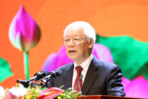 Tổng Bí thư, Chủ tịch nước Nguyễn Phú Trọng đọc diễn văn tại buổi lễ. (Ảnh: Phương Hoa/TTXVN)