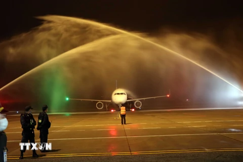 Máy bay Vietravel Airlines hạ cánh tại Cảng hàng không quốc tế Phú Bài. (Ảnh: Đỗ Trưởng/TTXVN)