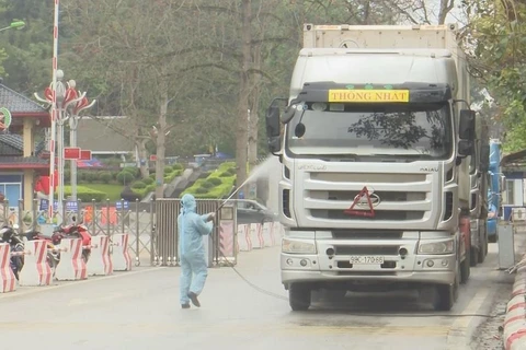 Phun khử khuẩn phương tiện tại cửa khẩu quốc tế Hữu Nghị, Lạng Sơn. (Ảnh: Quang Duy/TTXVN)