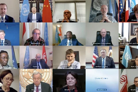 Đại diện các nước thành viênHội đồng Bảo an Liên hợp quốc tham dự một phiên họp trực tuyến. (Ảnh: Hữu Thanh/TTXVN)