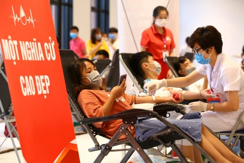 Người hiến máu tham gia chương trình Giọt hồng tri ân. (Ảnh: Minh Quyết/TTXVN)