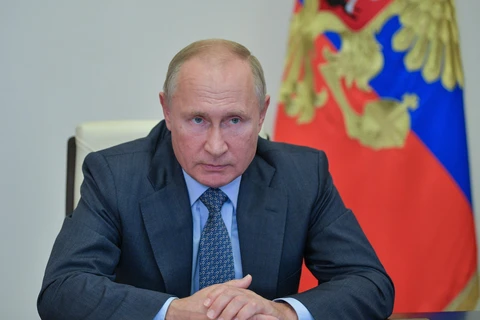Tổng thống Nga Vladimir Putin tại cuộc họp trực tuyến ở Moskva, Nga. (Ảnh: AFP/TTXVN)
