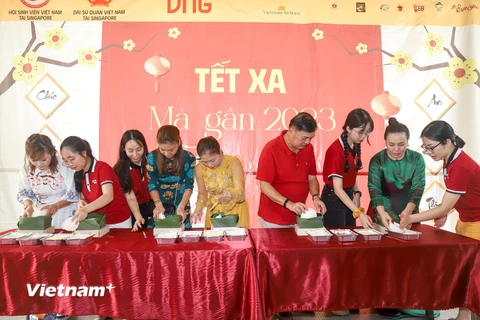 Đại sứ Mai Phước Dũng và các nhà hảo tâm trong cộng đồng phát động cuộc thi gói bánh chưng. (Ảnh: Lê Dương-Tất Đạt/Vietnam+)