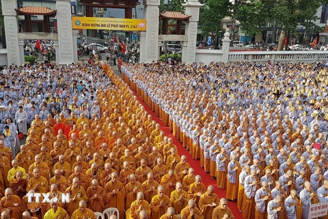 Đông đảo tăng ni, phật tử của thành phố tham dự Đại lễ Phật đản Phật lịch 2562. (Ảnh: Thế Anh/TTXVN)