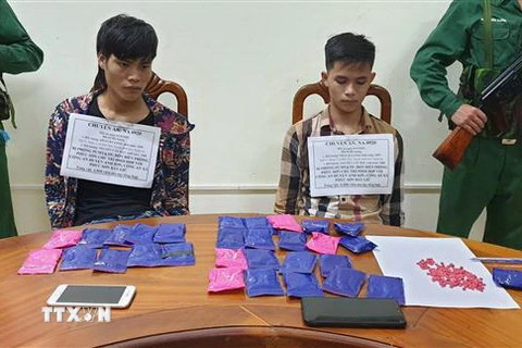 Hai đối tượng bị bắt giữ là Phan Bá Linh (sinh năm 1995, trú tại xóm 3, xã Đức Sơn) và Nguyễn Văn Mại (sinh năm 2000, trú tại xóm 4, xã Hoa Sơn) thuộc huyện Anh Sơn (Nghệ An). (Ảnh: TTXVN phát)