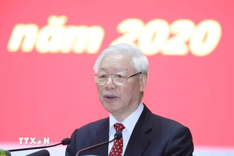 Tổng Bí thư, Chủ tịch nước Nguyễn Phú Trọng phát biểu tại Hội nghị. (Ảnh: Phương Hoa/TTXVN)