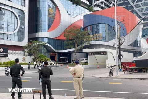 Khách sạn Jin Bei, một trong 4 khách sạn tại Sihanoukville đã bị phong tỏa vì liên quan tới sự cố lây nhiễm COVID-19 cộng đồng ngày 20/2. (Ảnh: Trần Long/Vietnam+)