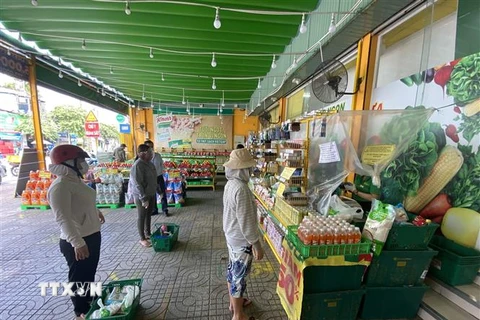 Người dân xếp hàng vào mua thực phẩm tại cửa hàng Bách hóa xanh ở Thành phố Hồ Chí Minh. (Ảnh: Thành Chung/TTXVN)