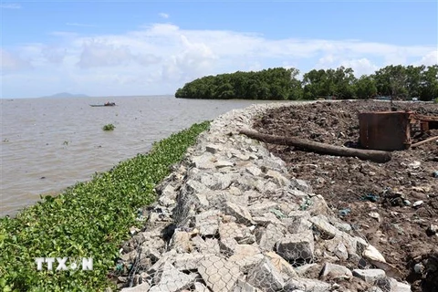 Xây dựng kè chống sạt lở bờ biển trên địa bàn thành phố Rạch Giá, tỉnh Kiên Giang. (Ảnh: Lê Huy Hải/TTXVN)