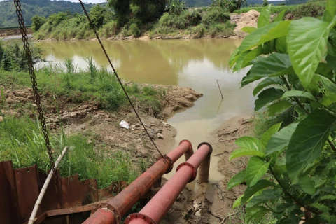 Mực nước trên sông Krông Nô (đoạn qua xã Nâm N’đir, huyện Krông Nô, tỉnh Đắk Nông) xuống thấp, gây khó khăn cho công tác bơm tưới cho các loại cây ngắn ngày. (Ảnh: Hưng Thịnh/TTXVN)