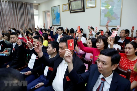 Các đại biểu biểu quyết thông qua Nghị quyết của Đại hội Đảng bộ. (Ảnh: Phạm Kiên/TTXVN)