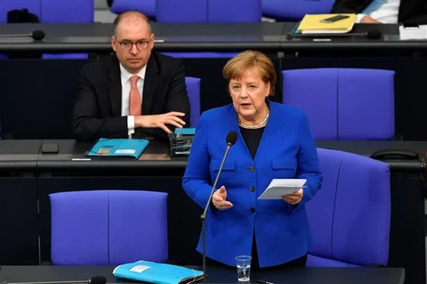 Thủ tướng Đức Angela Merkel phát biểu tại Bundestag (Hạ viện Đức) ở Berlin, ngày 13/5/2020. (Ảnh: AFP/TTXVN)
