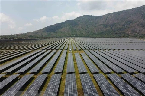 Cánh đồng pin năng lượng Mặt Trời dưới chân Núi Cấm của Nhà máy điện Mặt Trời Sao Mai - An Giang. (Ảnh: TTXVN) 