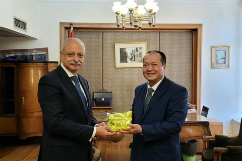 Đại sứ Nguyễn Huy Dũng chào xã giao và có cuộc làm việc với Trợ lý Ngoại trưởng Ai Cập phụ trách châu Á, ông Ayman Kamel. (Ảnh: Nguyễn Trường/TTXVN)