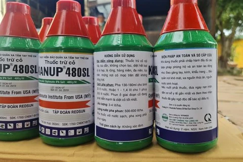 Các chai thuốc trừ cỏ nhãn hiệu KANUP có hoạt chất Glyphosate IPA Salt bị tạm giữ. (Ảnh: Nguyễn Hoài Nam/TTXVN)