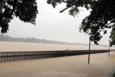 Cầu gỗ lim ven sông Hương ở thành phố Huế bị ngập sâu trong nước lũ. (Ảnh: Đỗ Trưởng/TTXVN)