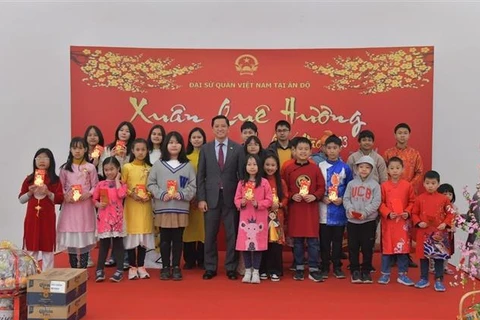 Đại sứ quán Việt Nam tại Ấn Độ Nguyễn Thanh Hải mừng tuổi và chụp ảnh kỷ niệm với các cháu nhỏ tham dự Tết Cộng đồng ở thủ đô New Delhi. (Ảnh: Ngọc Thúy/TTXVN)