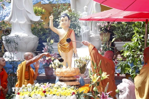 Đại diện tăng ni Việt Nam (phải) và Lào (trái) đang cùng cử hành lễ Mộc dục (tắm Phật) theo truyền thống ngày Phật đản. (Ảnh: Phạm Kiên/TTXVN)