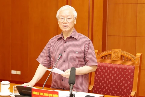 Tổng Bí thư, Chủ tịch nước Nguyễn Phú Trọng, Trưởng Tiểu ban Văn kiện phát biểu kết luận cuộc họp. (Ảnh: Trí Dũng/TTXVN)