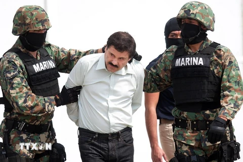Trùm ma túy Joaquin Guzman Loera (giữa) bị cảnh sát áp giải ở Mexico City, Mexico ngày 22/2/2014. (Nguồn: THX/TTXVN)