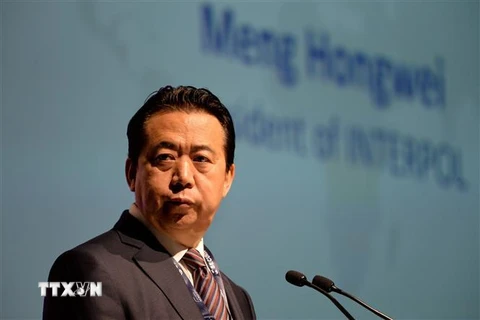 Chủ tịch Tổ chức Cảnh sát hình sự quốc tế (Interpol) Mạnh Hoành Vĩ phát biểu tại Đại hội thế giới Interpol ở Singapore ngày 4/7/2017. (Ảnh: AFP/ TTXVN)