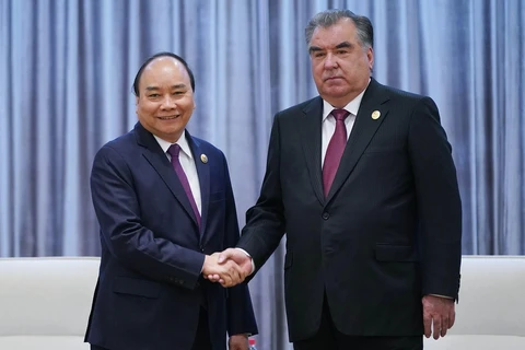 Thủ tướng Nguyễn Xuân Phúc hội kiến Tổng thống Tajikistan Emomali Rahmon. (Ảnh: Thống Nhất/TTXVN)