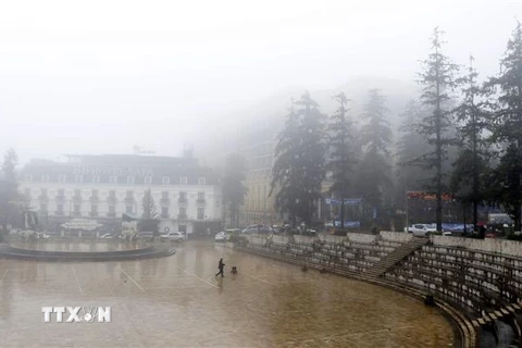 Sương mù dày đặc bao phủ tại thị xã Sapa. (Ảnh: Quốc Khánh/TTXVN)
