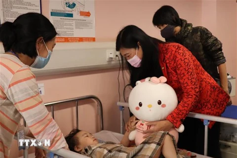 Chủ tịch Ủy ban Mặt trận Tổ quốc Việt Nam Thành phố Hà Nội Nguyễn Lan Hương thăm hỏi bé gái bị nạn. (Ảnh: Nguyễn Thắng/TTXVN)