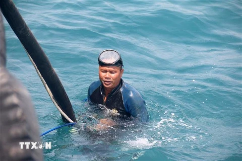 Thợ lặn gắn ống hút dầu để bơm dầu từ tàu Bạch Đằng đang bị chìm. (Ảnh: Nguyễn Thanh/TTXVN)