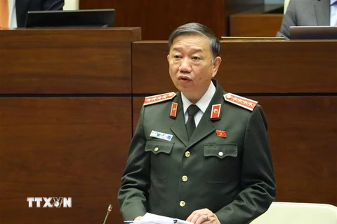 ộ trưởng Bộ Công an Tô Lâm phát biểu giải trình, làm rõ một số vấn đề đại biểu Quốc hội nêu. (Ảnh: Văn Điệp/TTXVN)