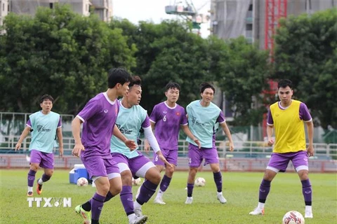 Các cầu thủ Việt Nam luyện tập thi đấu đối kháng. (Ảnh: TTXVN phát)