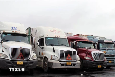 Nhiều xe contaner chở hàng đang bị mắc kẹt ở cửa khẩu Móng Cái. (Ảnh: TTXVN phát)