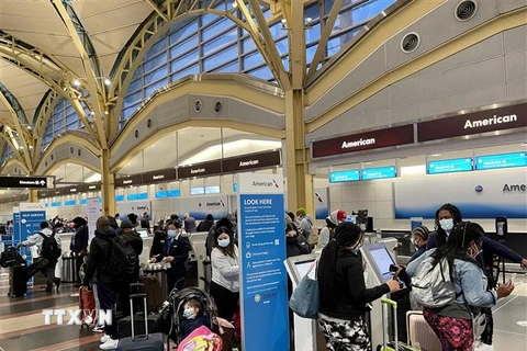 Hành khách xếp hàng tại sân bay quốc gia Reagan Washington ở Arlington, Virginia, Mỹ. (Ảnh: AFP/ TTXVN)