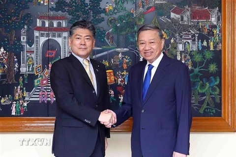 Bộ trưởng Bộ Công an Tô Lâm với Bộ trưởng Tư pháp Nhật Bản Furukawa Yoshihisa. (Ảnh: Phạm Kiên/TTXVN)