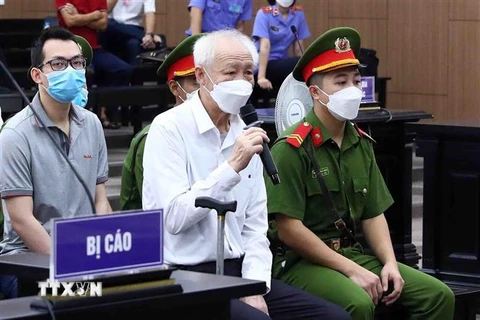 Bị cáo Nguyễn Văn Minh (sinh năm 1955, nguyên Chủ tịch Hội đồng quản trị Tổng Công ty sản xuất - xuất nhập khẩu Bình Dương - Công ty cổ phần) khai báo trước Tòa. (Ảnh: Phạm Kiên/TTXVN)