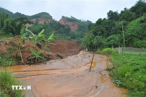 Hiện trường một vụ sạt lở đất với khối lượng lớn diễn ra tại xã Hưng Thịnh, huyện Trấn Yên, tỉnh Yên Bái. (Ảnh: Tiến Khánh/TTXVN)