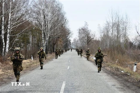 Binh sỹ Ukraine diễn tập quân sự tại một địa điểm không xác định. (Ảnh: AFP/TTXVN)