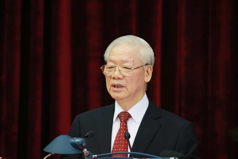 Tổng Bí thư Nguyễn Phú Trọng phát biểu bế mạc hội nghị. (Ảnh: Phương Hoa/TTXVN)